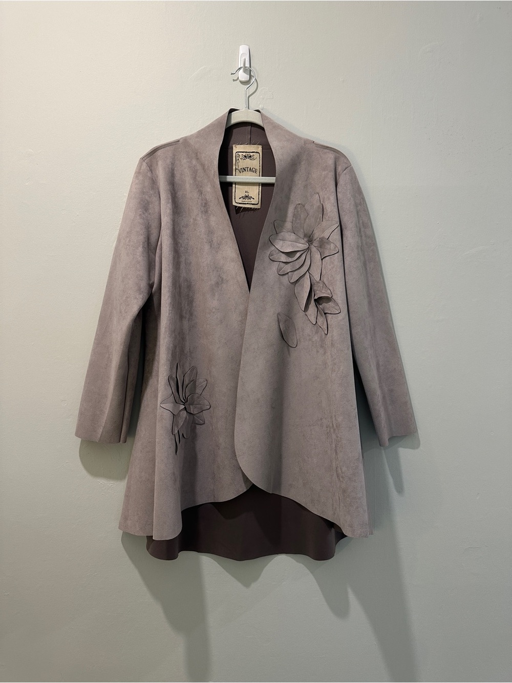Taupe Faux Suede Floral Appliqué Duster Jacket